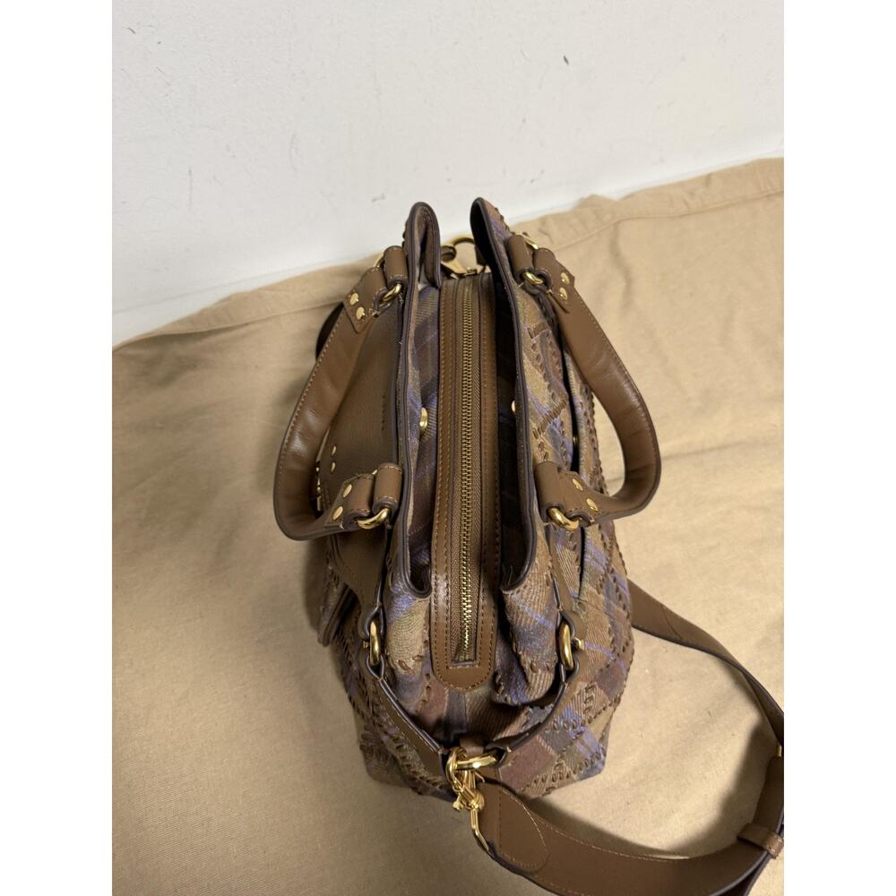 Aimee Satchel Bag Womens Medium Brown Leather Tweed Plaid Top Handle Crossbody - Picture 2 of 14